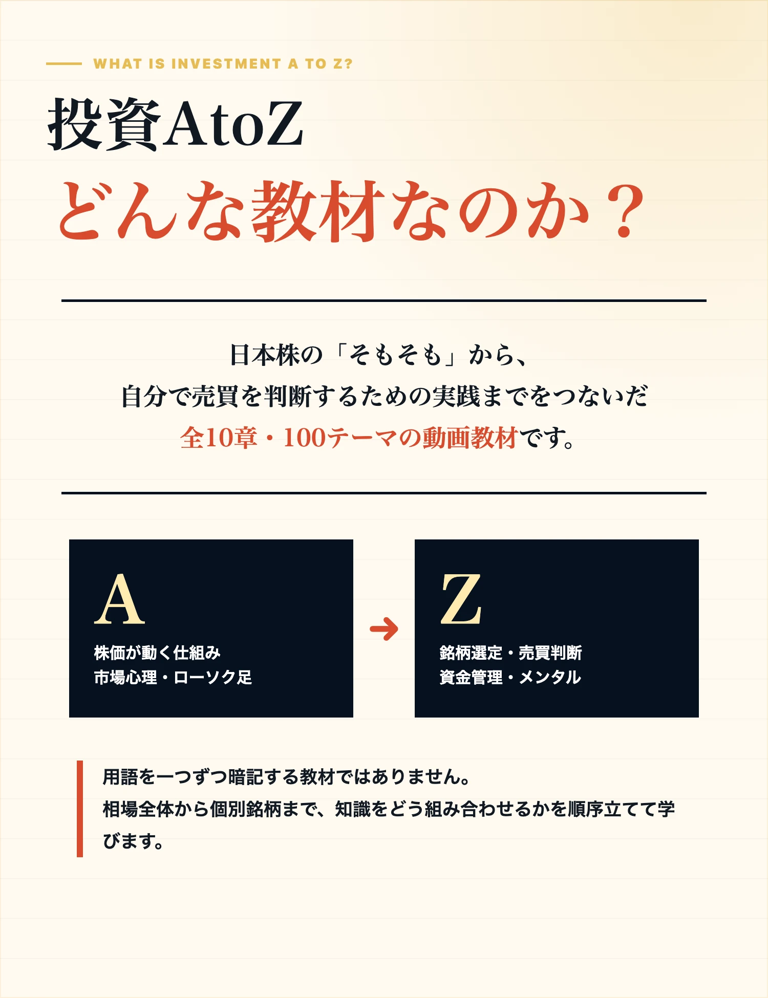 投資AtoZは、日本株の基礎から売買判断、銘柄選定、資金管理までをつないだ動画教材
